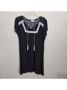 J Gee Black Tunic Top With Lace Yoke & Tassel Tie Neckline L
